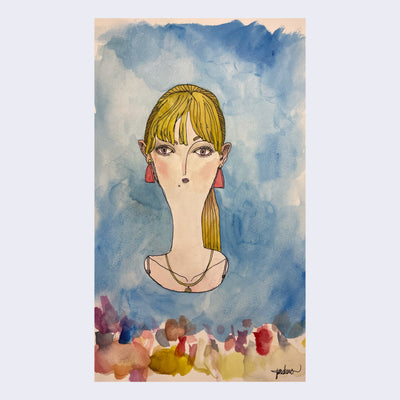 Ink illustration of a stylized woman, visible from the shoulders up, with blonde hair in a ponytail and triangular earrings. She is on a blue watercolor background with many watercolor swatches below.