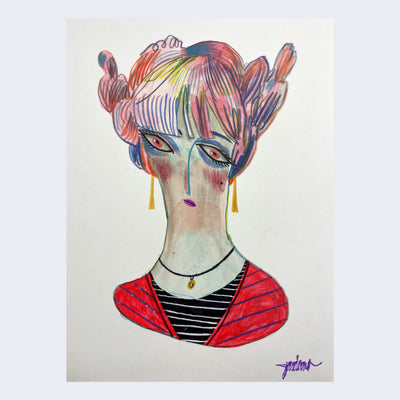 Color pencil illustration of a stylized woman, seen from the shoulders up, with braided buns on each side of her head, dangling gold earrings and a striped shirt and sweater.
