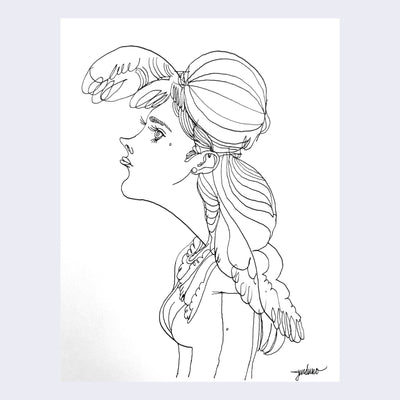 Black ink line drawing of a stylized woman, visible from the torso up, facing to the left. She has clothing and hair similar to Marie Antoinette and has a pouty expression.