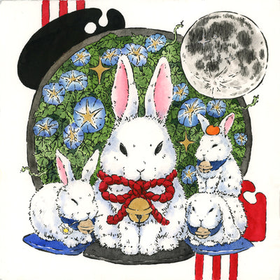 Watercolor painting of one large fluffy white rabbit with a red rope bow around its neck and 3 smaller white bunnies with blue collars nearby. Behind them is a circular field of morning glory flowers and a full moon to the upper right. Background is solid white except for 3 off center red stripes coming from the top and bottom.