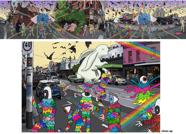 Kozyndan - A Visit by the Visionaries to Victoria Print. Busy, colorful street scene with a large eye in the middle with rainbow beams coming out of it. Lots of bats fly overhead.