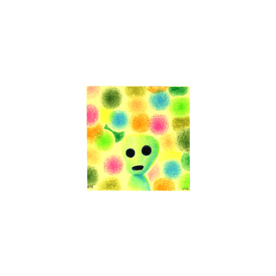 Color pencil illustration of a small greenish blue forest spirit, very simple shapes with large black eyes and open black mouth. Background is made up of many blurred colorful spheres on a yellow post it note.