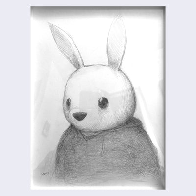 Soft pencil drawing on white paper of a round headed bunny with large sad black eyes and a large triangle black nose, with no mouth, and wearing a black hoodie.