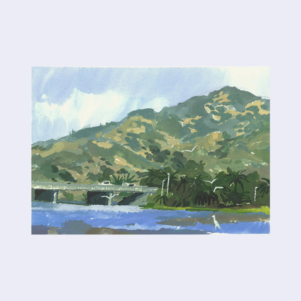Plein air painting of a large mountain, a bridge with cars on it and water. White birds fly nearby.