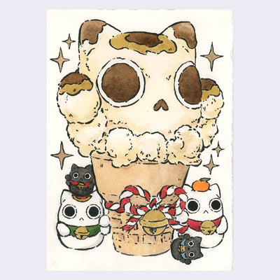 Watercolor painting of a large ice cream cone, the scoop designed to look like a white cat with brown spots. A red and white rope with a golden bell is tied around the cone. Small maneki cats with bells around their neck stand next to the cone.