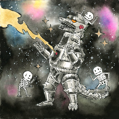 Watercolor painting of a vast space scene, with lots of colorful nebulas and white stars. A mechanized Godzilla stands in the middle, with its mouth open and arms extended, gold smoke coming out of a red button in its stomach. Godzilla is flanked with 3 cartoon skeletons.