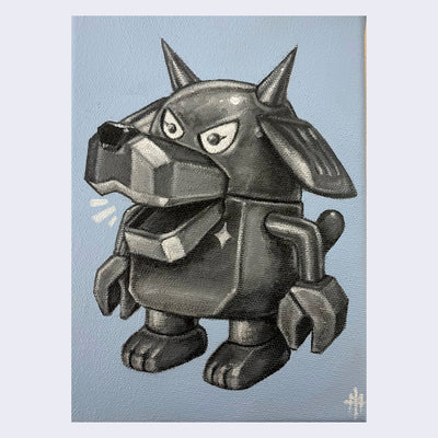 Painting on a sky blue canvas of a short silver Big Boss Robot, with a dog's snout and ears.