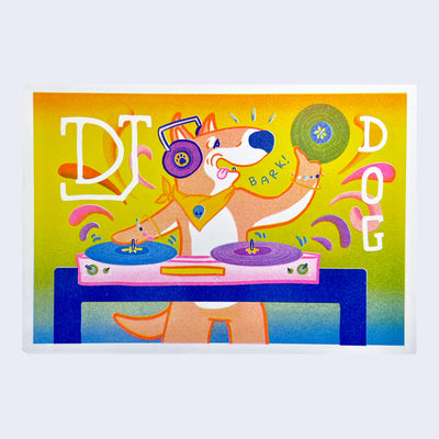 Very colorful risograph print of a dog DJing and changing the records on his turntable.