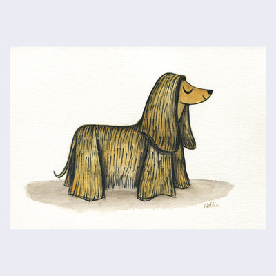 Paining of a very long haired dog, akin to an Afghans Hound. It stands and faces the right, with eyes closed and smile on its face. 