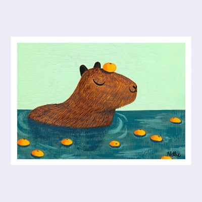 Illustration of a brown capybara sitting in a still body of teal water, with tangerines floating and one atop its head.