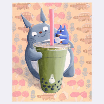Painting of a smiling, smoothly stylized Totoro looking at a large matcha boba in a clear plastic cup with a thick pink straw. A smaller blue Totoro sits on top of the lid, holding a single boba.