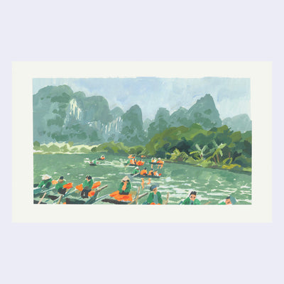 Plein air painting of a somewhat still body of water with many small canoes with people in them. They all wear bright orange safety vests.