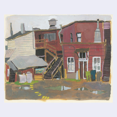 Plein air painting of beach town buildings, red and white with wooden stairs and side paneling. Puddles appear in the dirt in front.