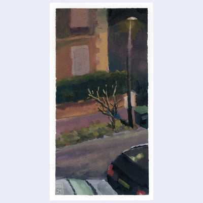 Plein air painting of a neighborhood street at night time, with a street light illuminating the street and 2 cars parked on the sidewalk.