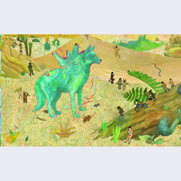 Close up of print, displaying a green wolf with 3 heads, 1 in a normal position and 2 on its back neck. Small nude humans interact with the desert environment around.