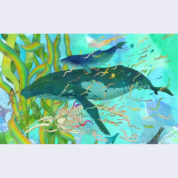 Close up of print showing a baby whale, a large whale and a whale skeleton swimming underwater with many ribbon like creatures nearby.