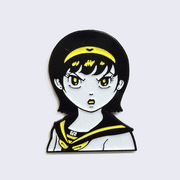 Enamel pin of an illustrated manga girl bust with an angry expression and yellow headband. "GR" is written on her collar.