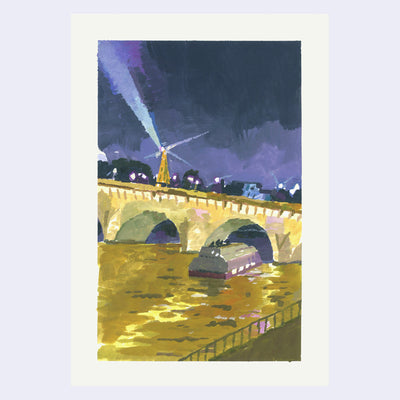 Plein air painting of a illuminated bridge over water, with the Eiffel Tower shining in the background.
