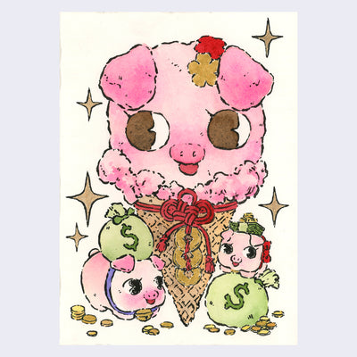 Watercolor painting of a large ice cream cone, the scoop designed to look like a cute pink pig with a red rope and gold coins tied around the cone. Two small pigs with piles of money stand next to the cone, smiling sweetly.