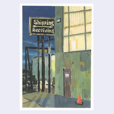 Plein air painting of a warehouse building at night, illuminated from the inside. A large sign that reads "Shipping Receiving" stands nearby.