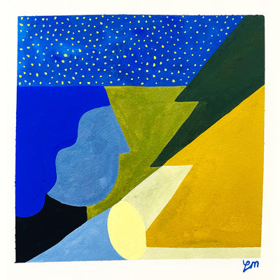 Abstract painting, divided diagonally into two triangles. Upper triangle has a blue sky with white dots and an abstract face with blue hair holding a flashlight, beaming a triangle of light onto a pine tree.