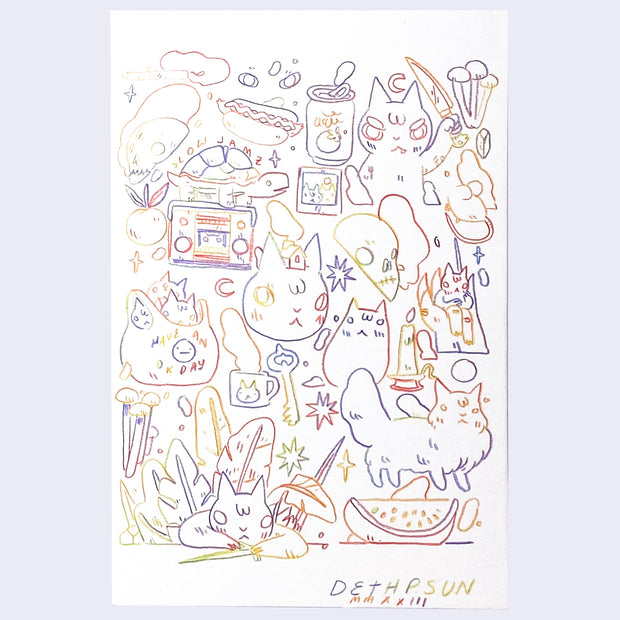 Drawing using a rainbow pencil, which allows for many colors to change in a single line. A page of doodles with varying subjects, including a cat with weapons, food, and natural elements.