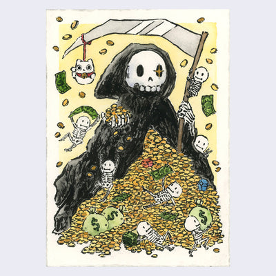 Watercolor painting of a cartoon grim reaper, standing with its scythe over a large pile of money and gold coins. Small cartoon skeletons accompany the scene, hanging on the scythe and playing in the pile of gold.