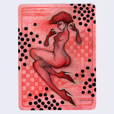 Colored pencil drawing on red paper of a nude woman, with her legs twisted. She has pointy boots and fingertips. Background is made of faint patterns, including black polka dots.