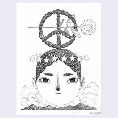 Graphite on white paper, a large floating head with a halo made of white stars and a peace sign made out of their hair atop their head. Through it is a flower and below the floating head is a mountain range with many clouds.