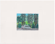  Plein air painting of a minivan parked next to a series of tall pine trees and shorter bushes.