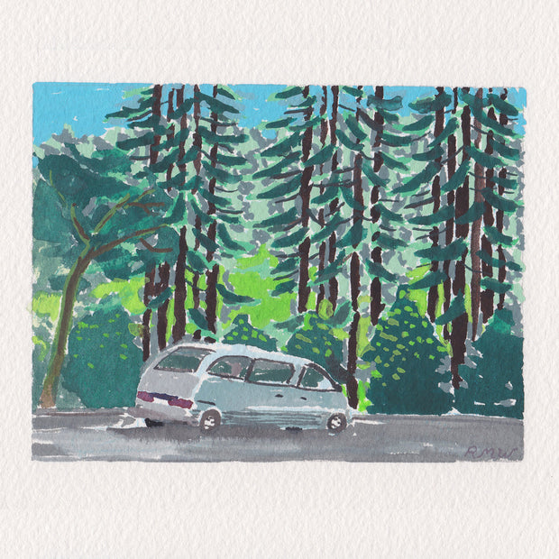 Plein air painting of a minivan parked next to a series of tall pine trees and shorter bushes.