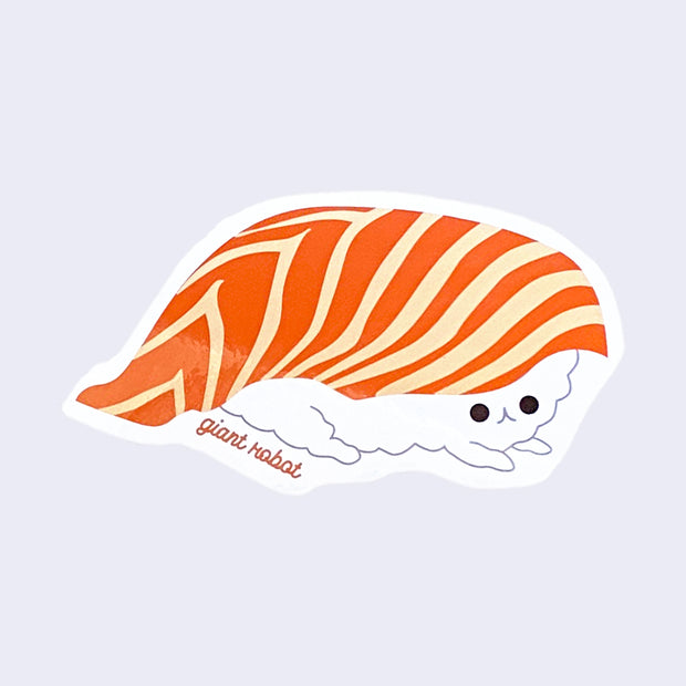 White cut out sticker with orange and light orange striped salmon sushi over a bed of rise that has arms and legs and a cute face. "Giant Robot" is written in small cursive near the tail.