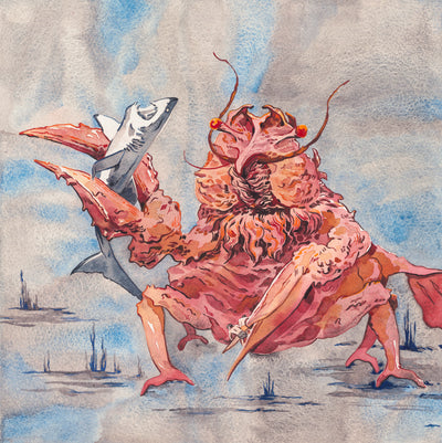 Watercolor painting of a large, red and orange lobster monster creature, with circular red eyes and long antennae, holding a shark in one claw and two small people in the other. On a swirled blue and gray watercolor background with subtle weeds at the feet. 