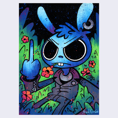 Colorful painting of an angry blue cartoon rabbit with very large eyes, a frown holding a marigold, a silver earring, leather jacket and a middle finger hoisted up. Around are tall green bushes with more marigolds in them, against a black sky.  On the surface of the painting are blue and orange paint splatters.