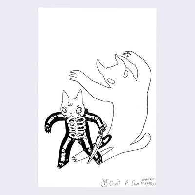 Ink drawing of a cat in a skeleton costume holding a long knife. Behind it, a shadow pops up with its arms raised menacingly.