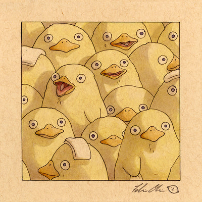 Illustration on brown toned paper of a cluster of large, round yellow ducks, many facing the viewer but some facing off to the side. 3 ducks have folded towels atop their head.