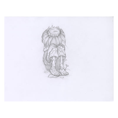 Soft graphite drawing of a child, sitting on the ground with his head buried into his knees. He is barefoot and floral clothing, with a wilting sunflower atop his head like a sun hat.