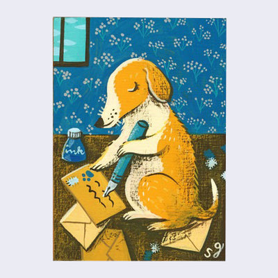 Painting of a dog, brown with white belly, writing a letter with many envelopes around them as well as a bottle of ink. Background is floral wallpaper with wooden flooring.
