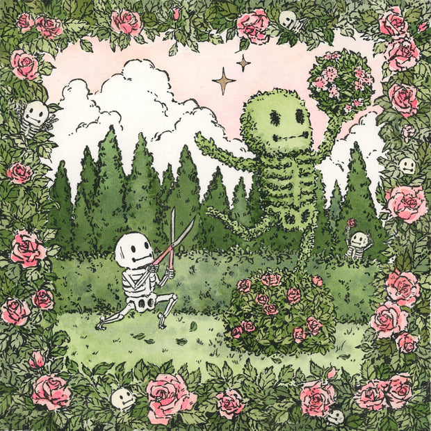 Illustration of a skeleton holding plant trimmers and posing next to a large topiary of a skeleton holding a ball of pink roses. 