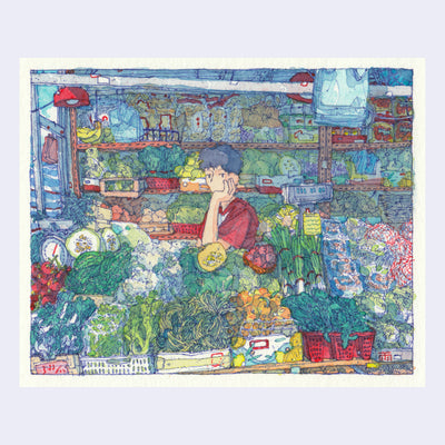 Finely detailed ink and watercolor drawing of an apathetic person sitting behind the counter of a vegetable market stall. Their stall is covered with boxes and crates of various vegetables, scales, and clear produce bags.