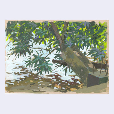 Plein air painting of a large tree with many green leaves, shaped like maple leaves. The tree hangs over a body of water.