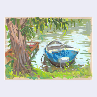 Plein air painting of a small blue boat with no mast tethered to a small dock, with a large tree in the foreground.