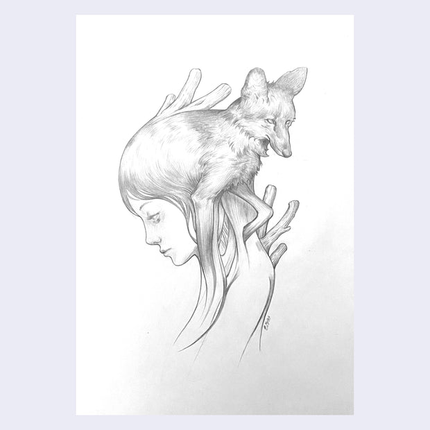 Graphite sketch drawing of a woman in profile view, looking down to the left. Atop her head, blending in with her hair is a young wolf.