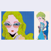 Open two page book spread. Two illustrated women with bright green hair, one with stylish sunglasses, looking off to the side, the other looking down and behind while wearing an ornately colored bodysuit.