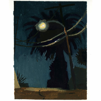 Plein air night scene painting of an empty road with a bright street light overhead, telephone wires wrapped around it with a large palm tree in the back.