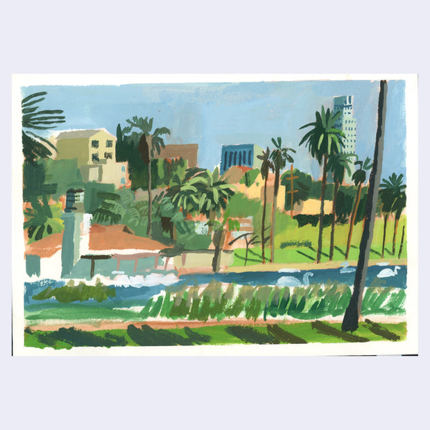 Plein air painting of Echo Park Lake, with swan boats floating atop the water and large buildings in the background. Sky is clear blue and greenery frames the foreground.