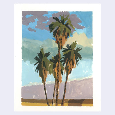 Plein air painting of 4 palm trees, against a cloudy blue sky.