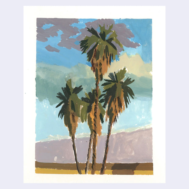 Plein air painting of 4 palm trees, against a cloudy blue sky.