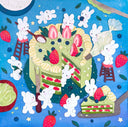 Paper cut artwork of many small, cute white bunnies assembling a strawberry matcha cake, they are up on ladders and looking very busy,