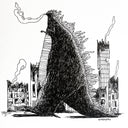Black and white ink illustration of a large kaiju monster walking through a city which is left in ruins, with smoking remnants of buildings 